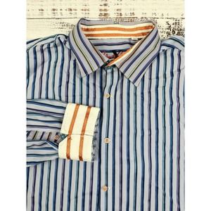 Robert Graham Men's Long Sleeve Flip Cuff Blue Gingham Striped‎ Shirt Sz 3XL